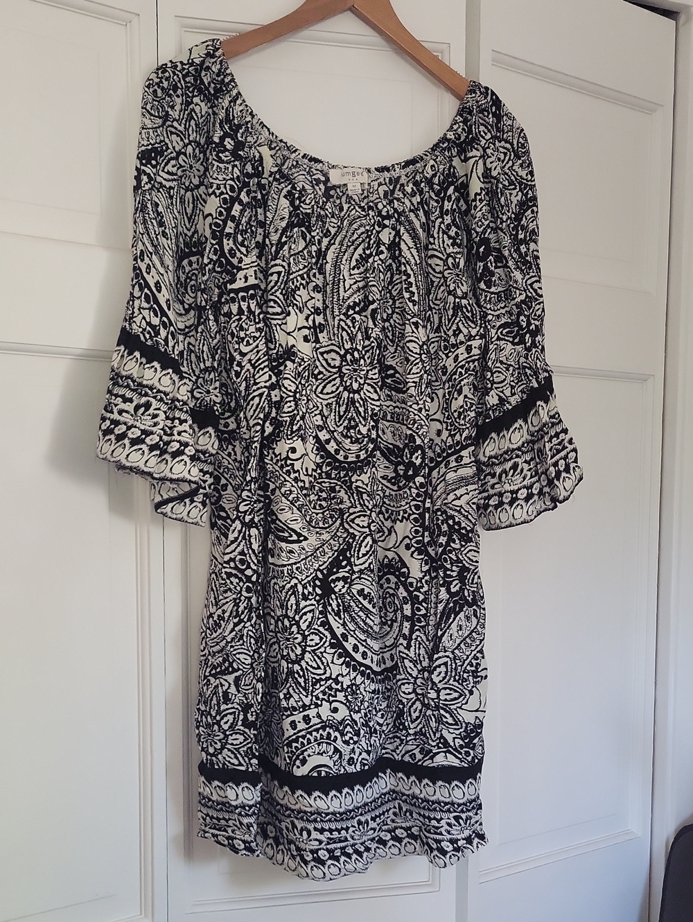 Umgee Black and White Paisley Off-Shoulder Mini Dress